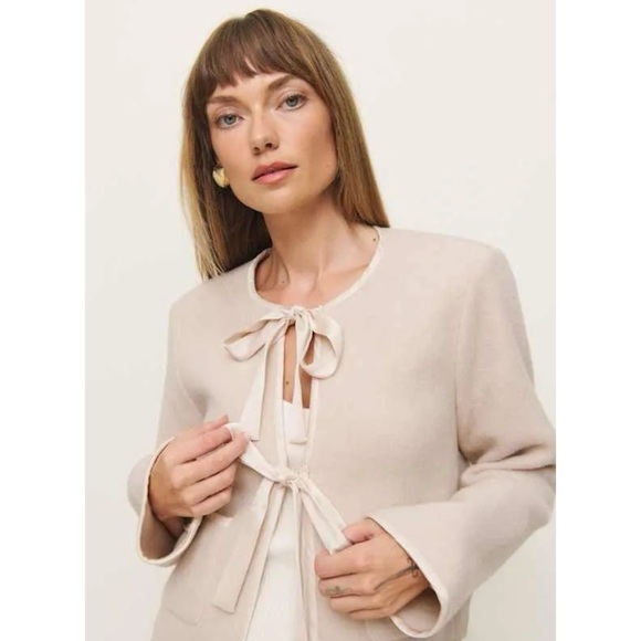 NWT Reformation Daisy Cropped Jacket Bows Tie Front Cream Large - Picture 12 of 13